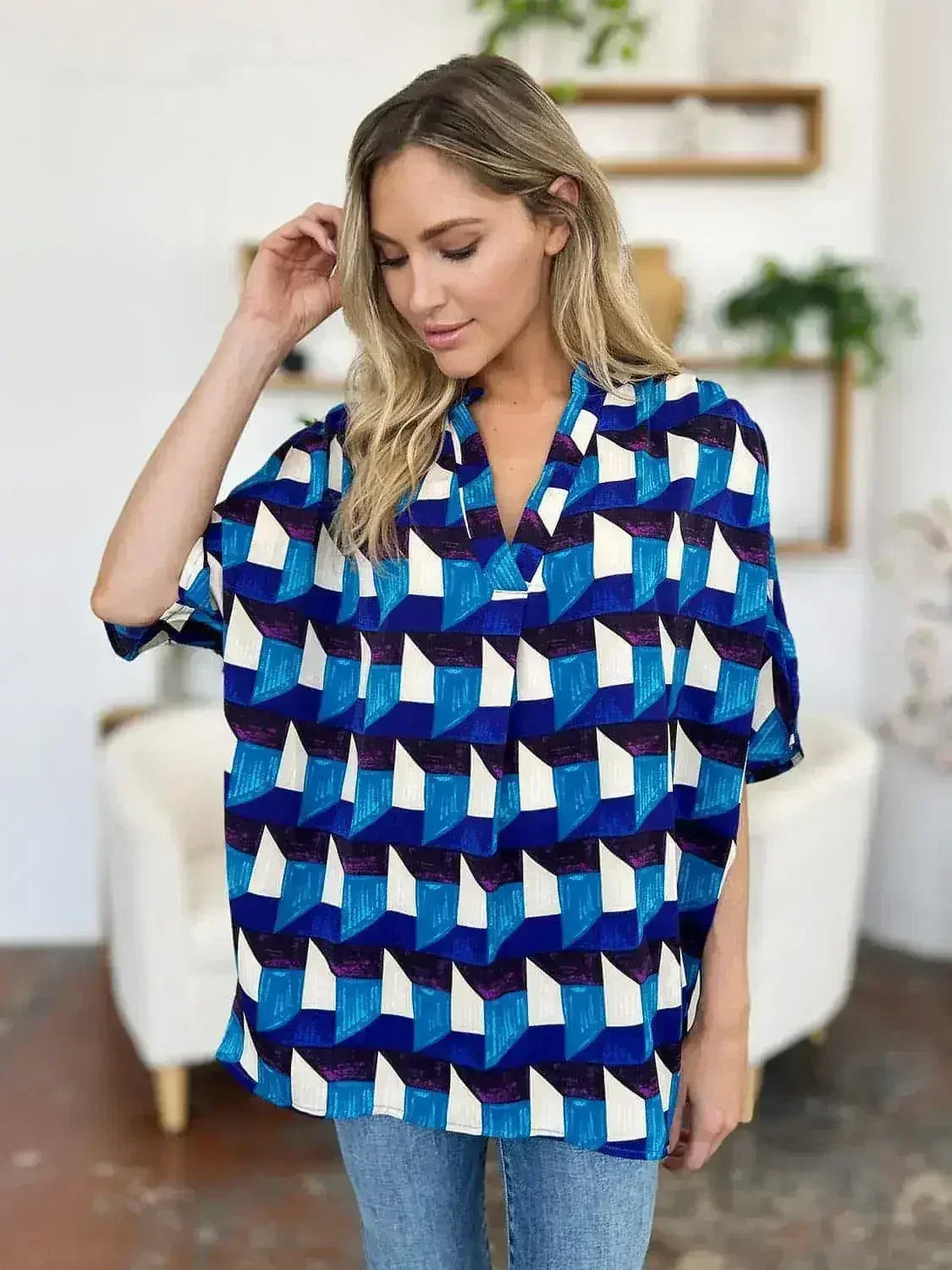 Geometric Notched Sleeve Blouse - Versatile Top | Femstylo - Femstylo