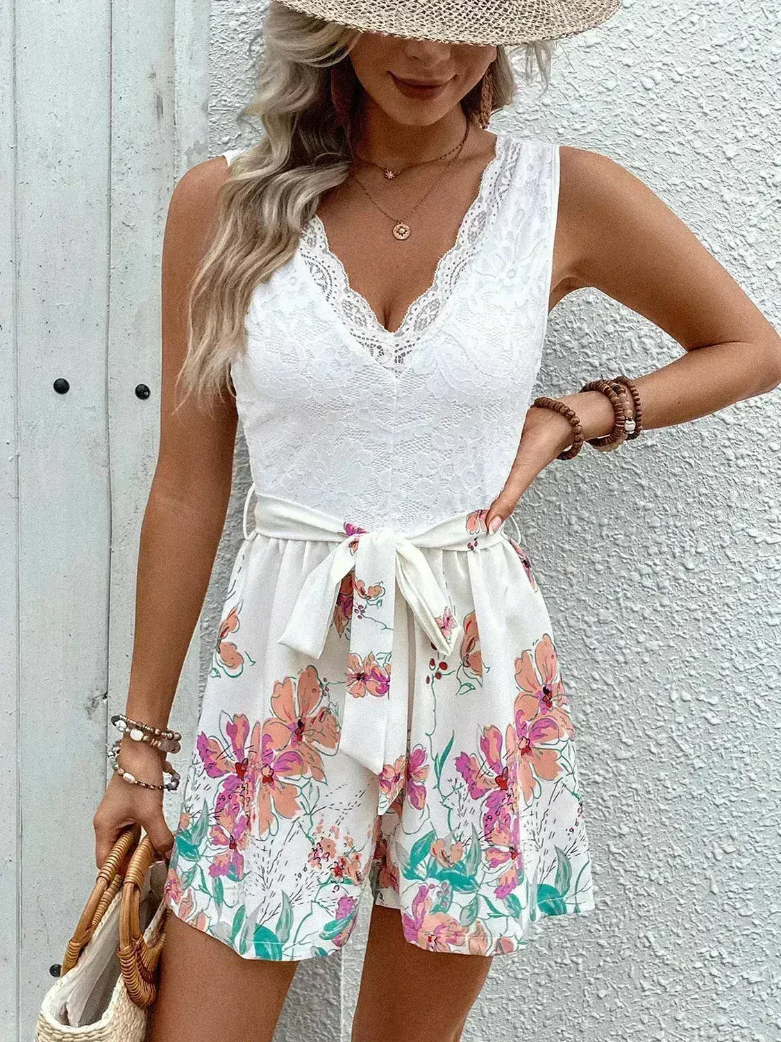 Lace Printed V-Neck Sleeveless Romper - Femstylo
