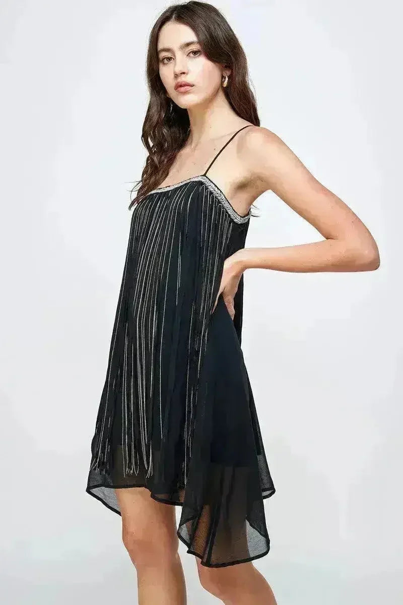 Chiffon A-Line Mini Dress with Metallic Fringe Detail - Femstylo