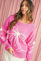 Bright Pink Sweet Bow Pattern Drop Sleeve Knit Sweater - Femstylo