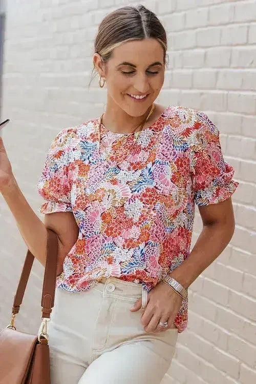 Floral Bubble Sleeve Blouse - Multicolor Print Top | Femstylo - Femstylo