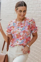 Floral Bubble Sleeve Blouse - Multicolor Print Top | Femstylo - Femstylo