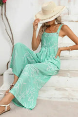 Moonlight Jade Abstract Print Wide Leg Bib Overall - Femstylo