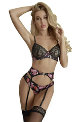 Print Lace Splicing Bralette Set with Garter Belts - Femstylo
