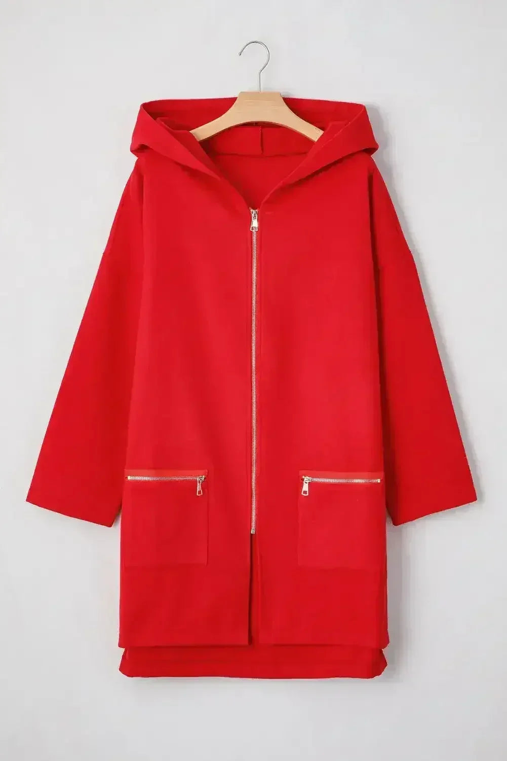 Fiery Red Solid Color Casual Zip up Hooded Coat - Femstylo
