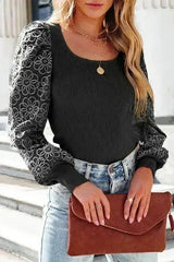 Black Flower Puff Sleeve Ribbed Knit Top - Femstylo