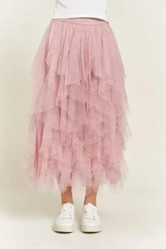 LAYERED POLKA DOT MESH LINED A-LINE MIDI SKIRT - Femstylo