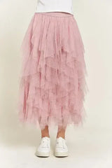 LAYERED POLKA DOT MESH LINED A-LINE MIDI SKIRT - Femstylo