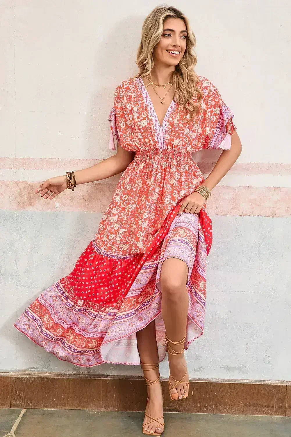 Red Boho Floral Tassel Tie Sleeve Maxi Dress - Femstylo