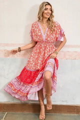 Red Boho Floral Tassel Tie Sleeve Maxi Dress - Femstylo