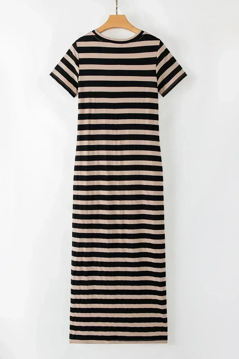 Black Striped Side Pockets T-shirt Maxi Dress - Femstylo