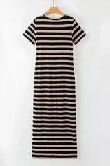 Black Striped Side Pockets T-shirt Maxi Dress - Femstylo