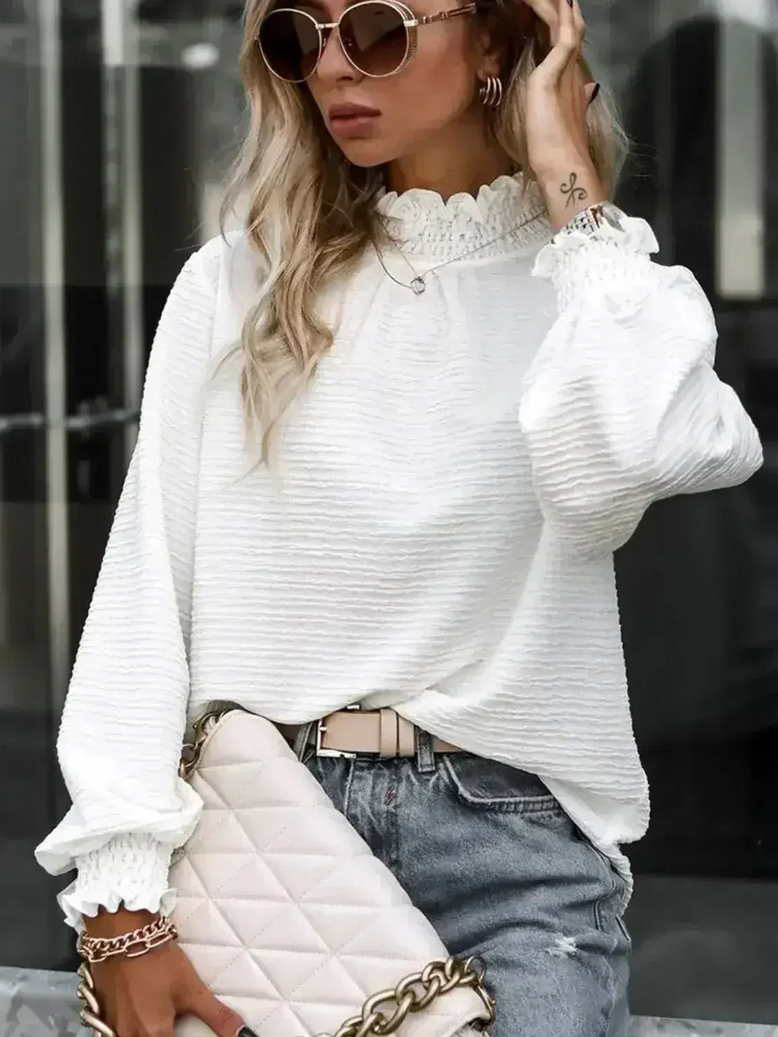 Smocked Frill Mock Neck Long Sleeve Blouse - Femstylo