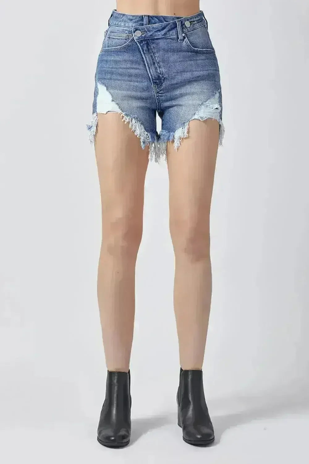 RISEN Raw Hem Asymmetrical Waist Denim Shorts - Femstylo