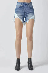 RISEN Raw Hem Asymmetrical Waist Denim Shorts - Femstylo