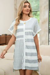 Gray Stripe Mixed Printed Short Sleeve Shift Mini T Shirt Dress - Femstylo