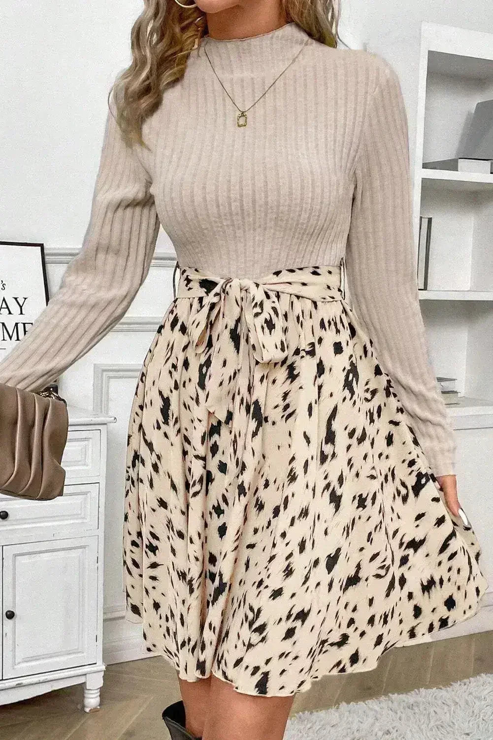 Beige Ribbed Knit Belted A-line Dress with Patchwork Print - Femstylo