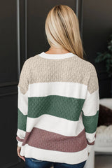 Green Mixed Texture Knit Striped Color Block Loose Sweater