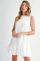 White Floral Eyelet Embroidered Sleeveless Shift Dress