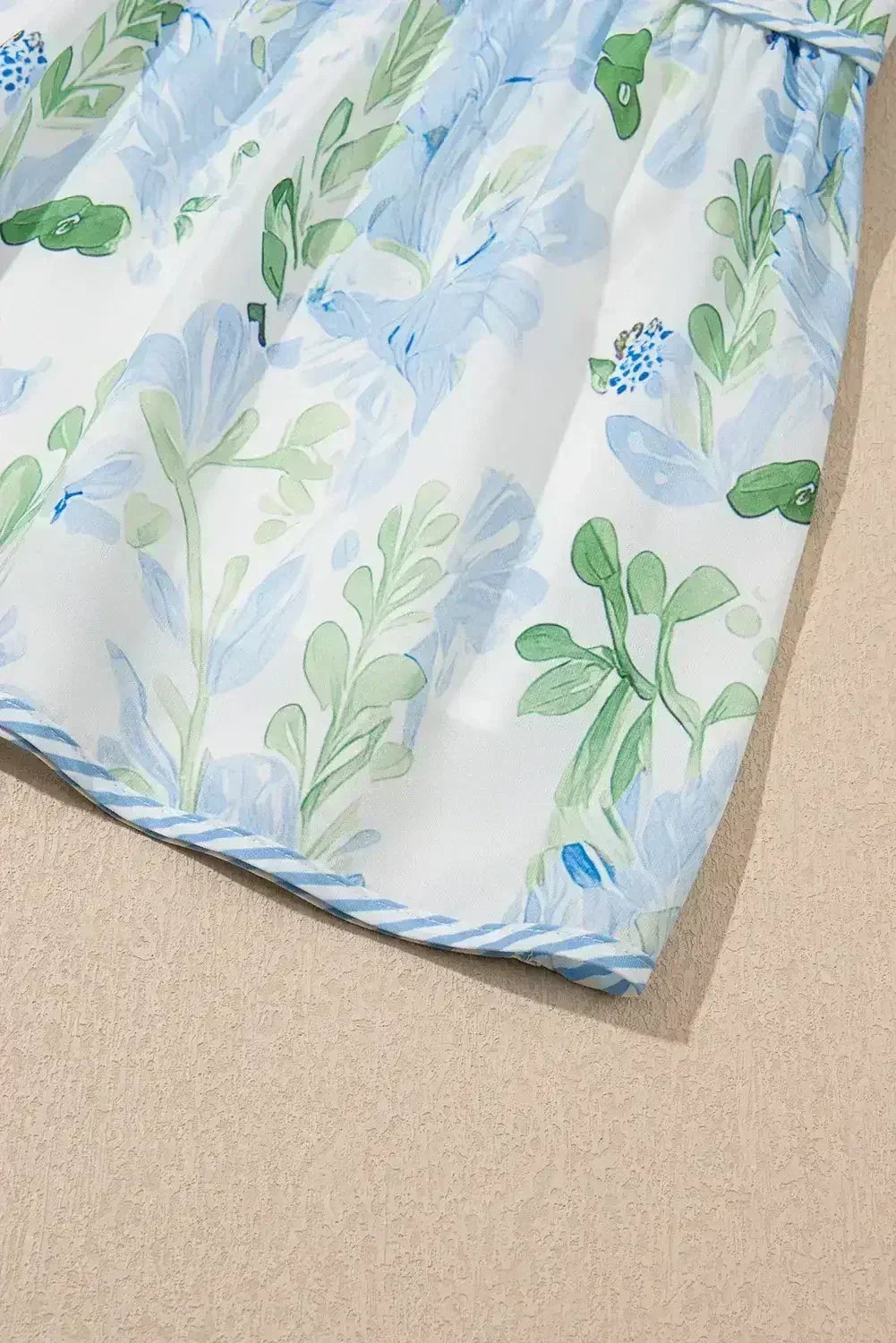 Sky Blue Floral Contrast Edge Ruffle Sleeve Tie Neck Mini Dress - Femstylo