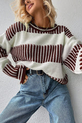 Brown Two Tone Striped Patchwork Drop Shoulder Sweater