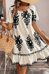 Apricot Ethnic Print Ruffle Hem Loose Mini Dress - Femstylo