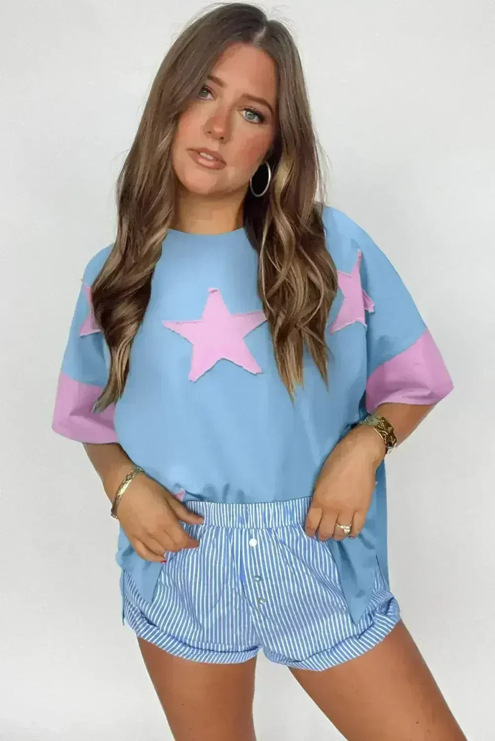 Aruba Blue Frayed Star Patched 4th of July Oversize T Shirt - Femstylo