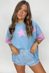 Aruba Blue Frayed Star Patched 4th of July Oversize T Shirt - Femstylo