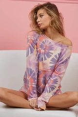 BiBi Tie Dye French Terry Top with Cut Edge and Contrast - Femstylo