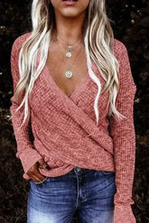 Women's Pink Deep V-neck Long Sleeve Knit Sweater - Femstylo