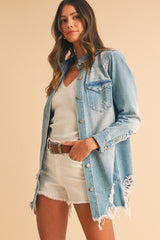 Beau Blue Light Wash Distressed Frayed Long Denim Shacket