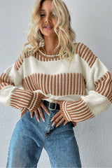 Khaki Two Tone Striped Patchwork Drop Shoulder Sweater