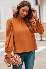 Orange Chiffon Blouse - Bubble Sleeves & Mock Neck | Femstylo - Femstylo