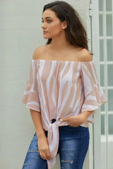 Off The Shoulder Pink White Vertical Stripes Blouse - Femstylo