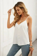 White Spaghetti Straps Buttoned V Neck Vest - Femstylo