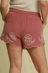 Umgee Full Size Linen Blend Shorts with Floral Embroidered Details - Femstylo
