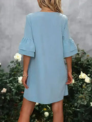 V-Neck Mini Dress – Ruffled Detail & Decorative Buttons - Femstylo