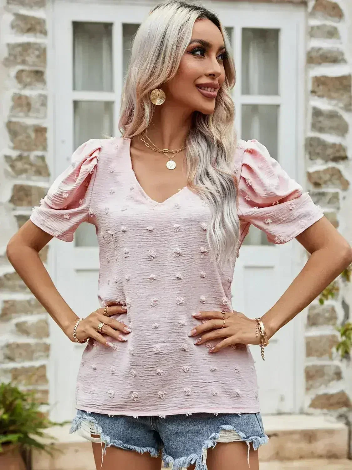 Blush Pink Swiss Dot Short Puff Sleeve Top | Femstylo - Femstylo
