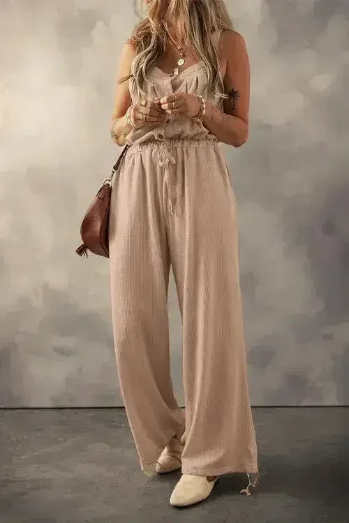 Moss Green Knotted Straps Button Textured Drawstring Jumpsuit - Femstylo