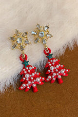 Fiery Red Pearl Embellished Christmas Tree Snowflake Earrings