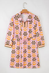 Pink Floral Print Zip Neck Striped Patchwork Long Sleeve Drawstring Dress