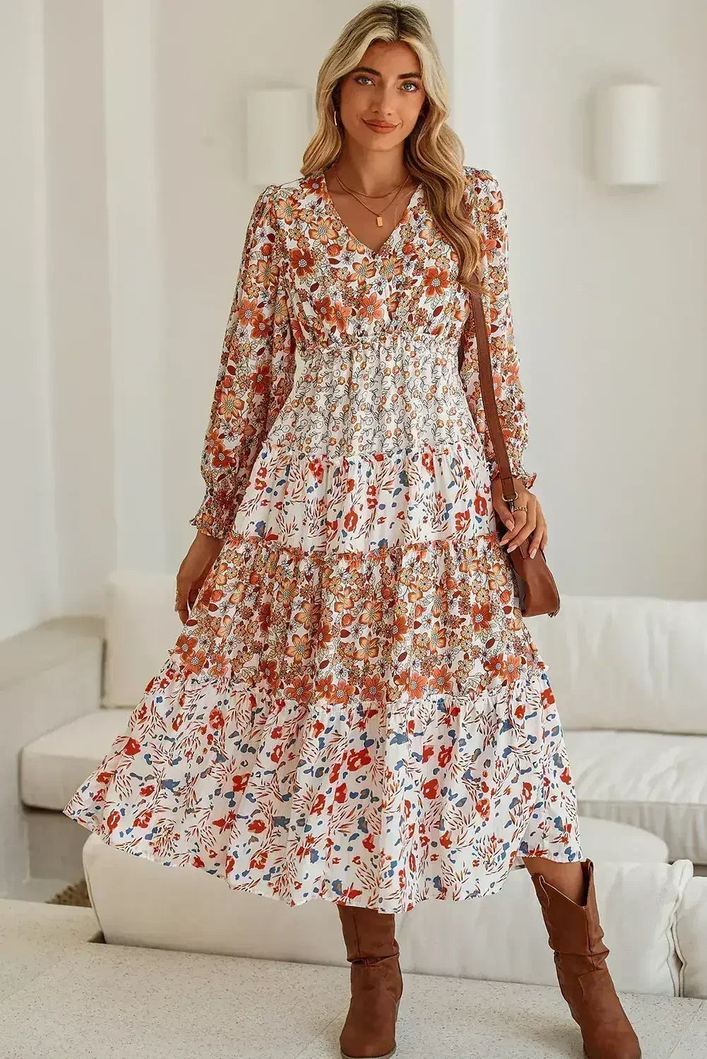 Khaki Floral Print Ruffled Tiered Long Sleeve V Neck Midi Dress - Femstylo
