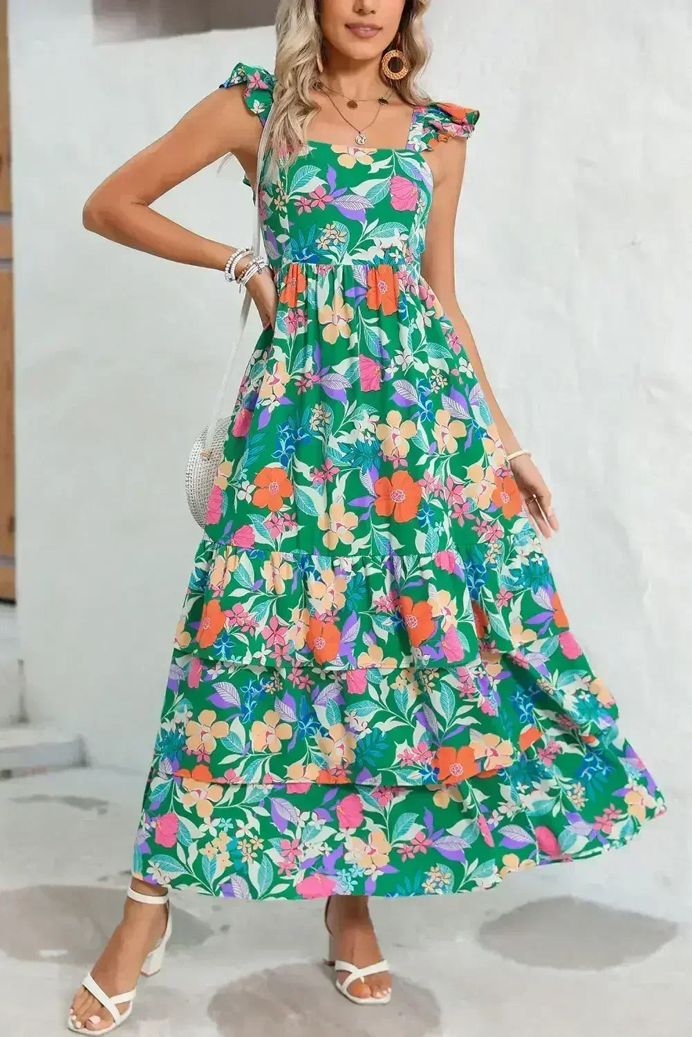Green Boho Floral Print Ruffle Sleeveless Tiered Maxi Dress - Femstylo