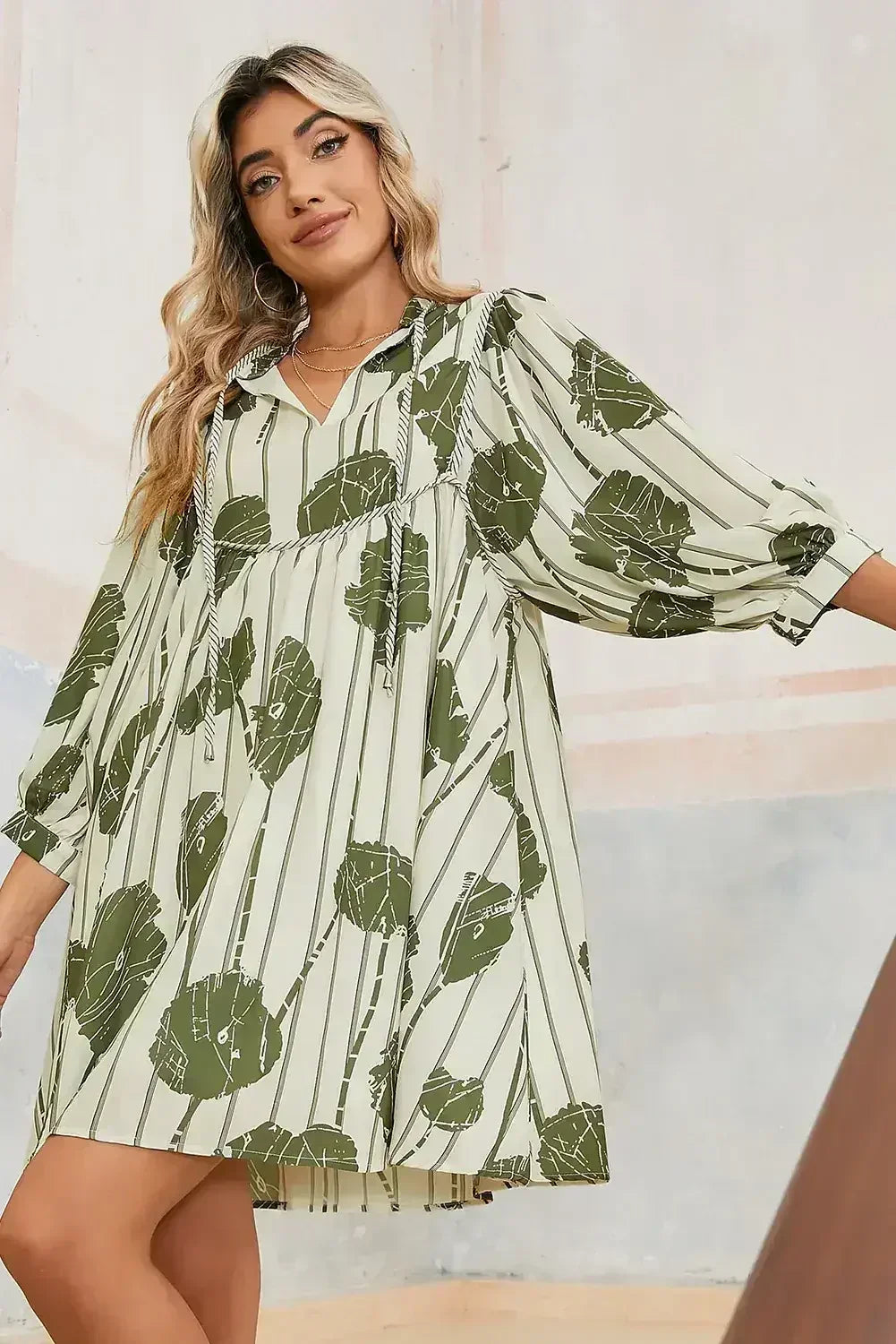 Guacamole Green Abstract Print Striped V-Neck Mini Dress - Femstylo