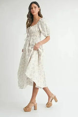 MABLE Floral Drawstring Detail Puff Sleeve Midi Dress - Femstylo