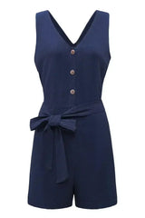 Casual Blue Button V Neck Sleeveless Romper with Belt - Femstylo