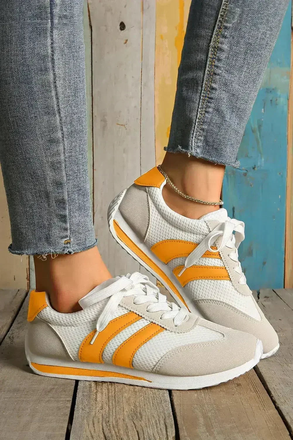 Yellow Patchwork Breathable Lace Up Sneakers - Femstylo