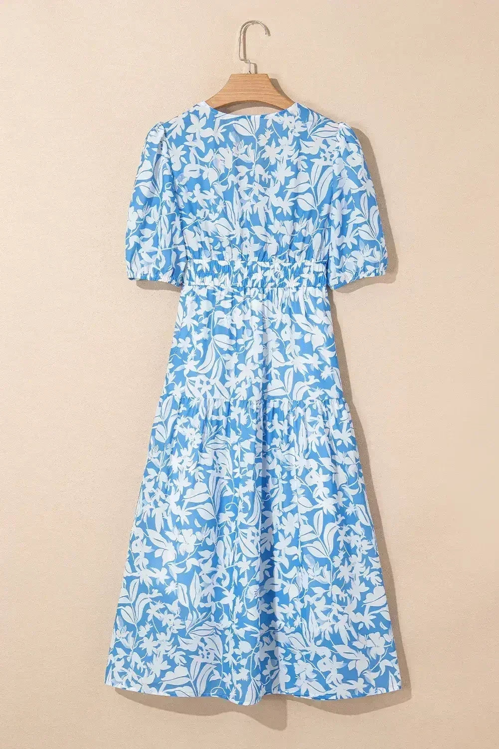 Sky Blue Floral Print Deep V Neck Puff Sleeve Flowy Dress - Femstylo