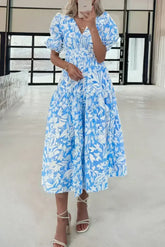 Sky Blue Floral Print Deep V Neck Puff Sleeve Flowy Dress - Femstylo