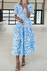 Sky Blue Floral Print Deep V Neck Puff Sleeve Flowy Dress - Femstylo